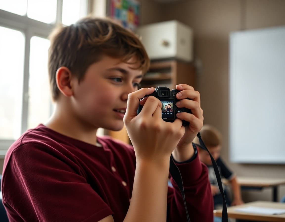 Student reviewing photos on camera screen after school photography assignment shoot