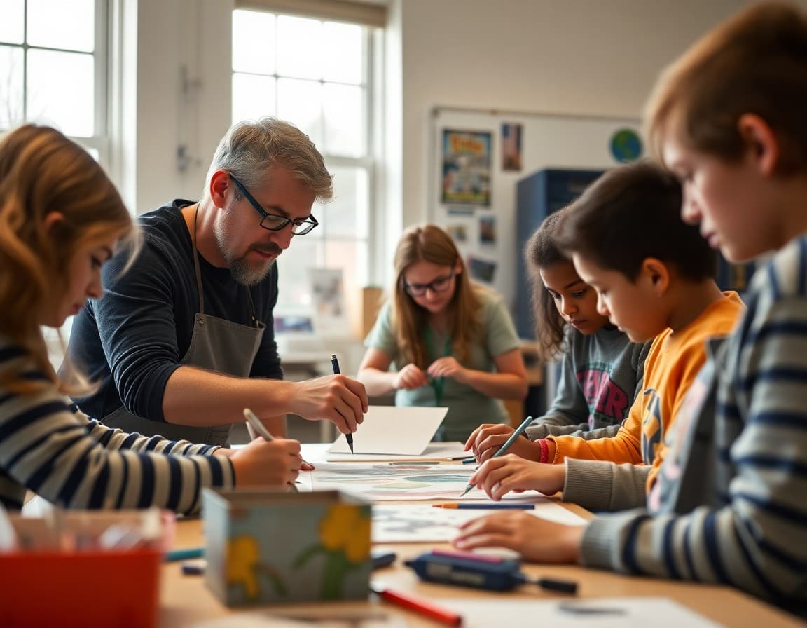 Art teacher and students working on New England design arts project in Rhode Island school classroom