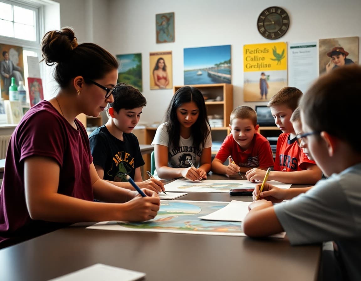 Art teacher and students working on Lowcountry and Upstate arts project in South Carolina school classroom