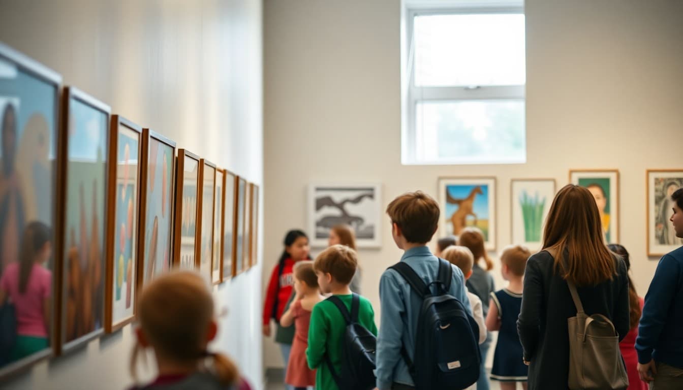 School art gallery opening with student work on display and families viewing