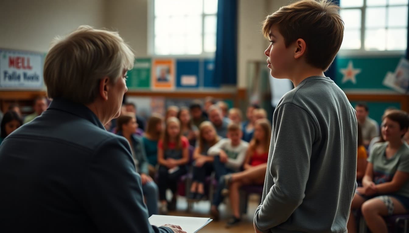 Student auditioning on stage for school musical with director taking notes in audience