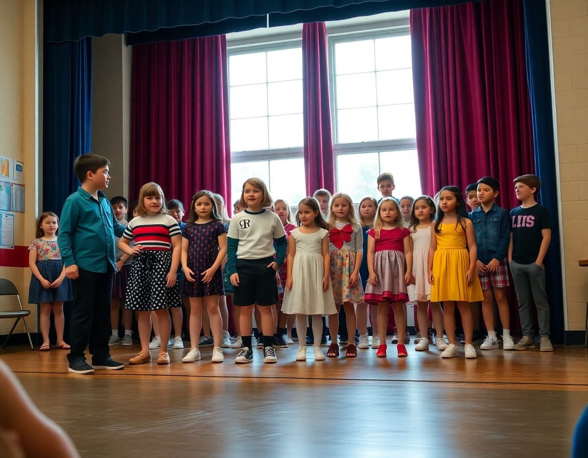 School musical cast in costume during dress rehearsal performing on stage