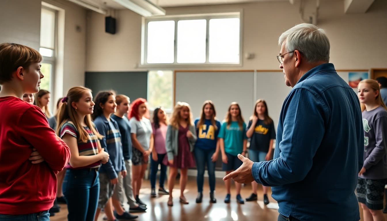 School musical cast rehearsing with director for opening night on stage together