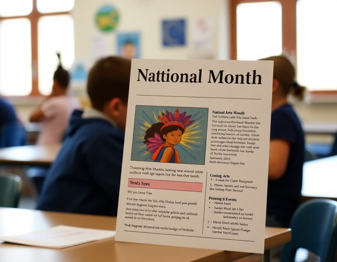 National Arts Month school newsletter with student artwork photo and upcoming arts events section