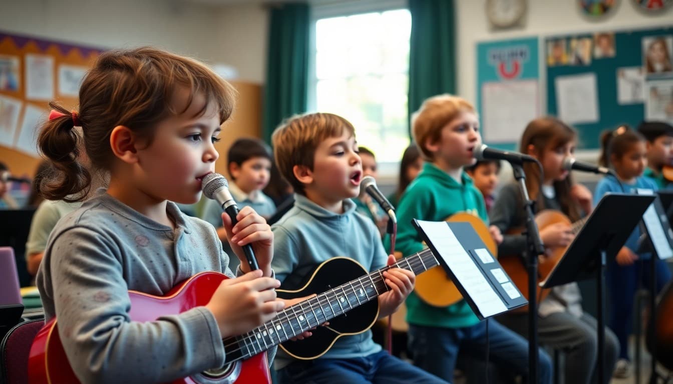 Students playing instruments and singing during National Music in Our Schools Month school performance