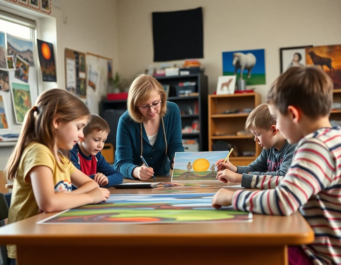Art teacher and students working on Great Plains arts project in South Dakota school classroom