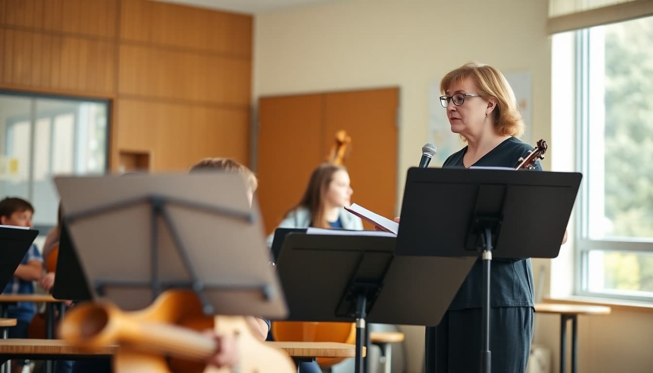 Music teacher leading students in first September class with instruments and music stands