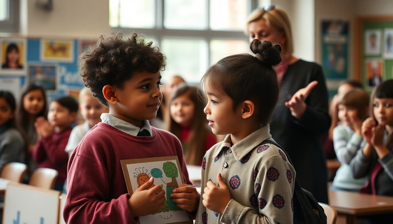 Student winning art competition award at school showcase with teacher applauding