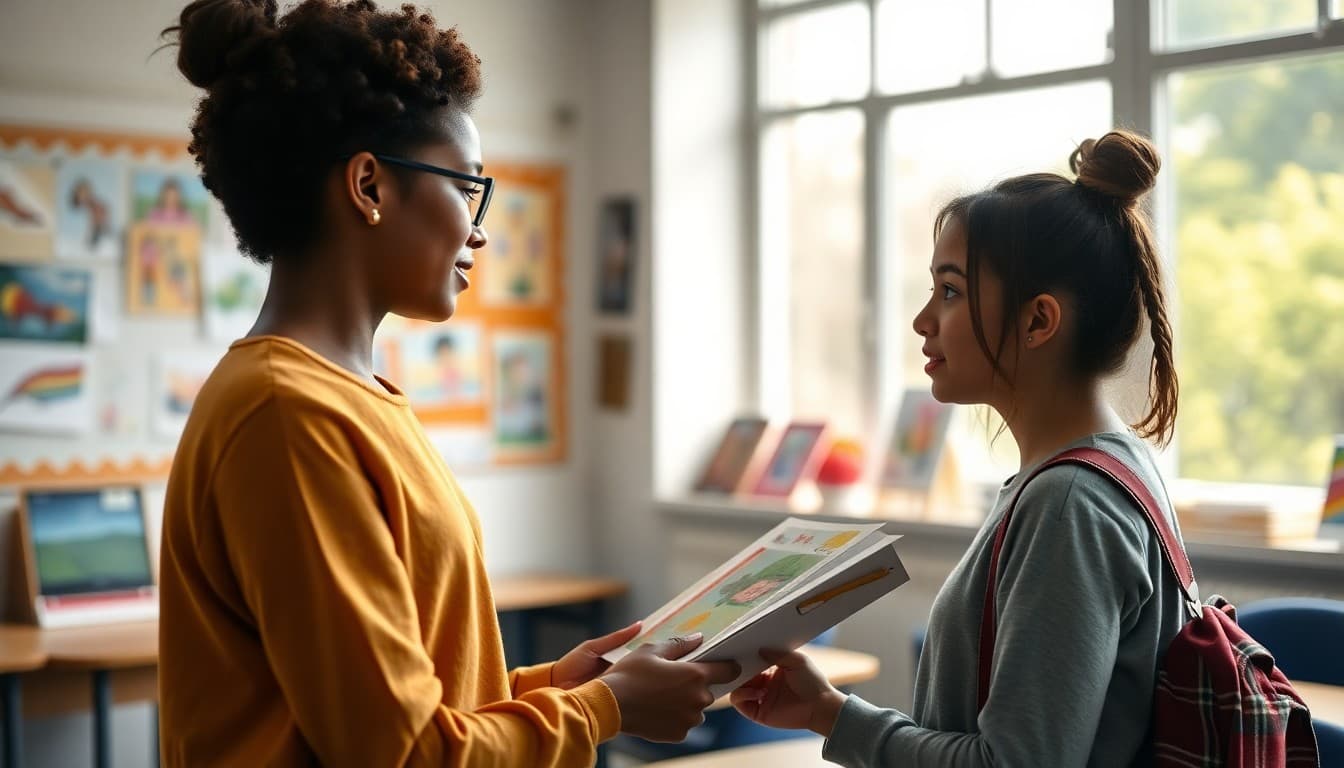 Student presenting art portfolio to teacher in bright classroom with artwork displayed