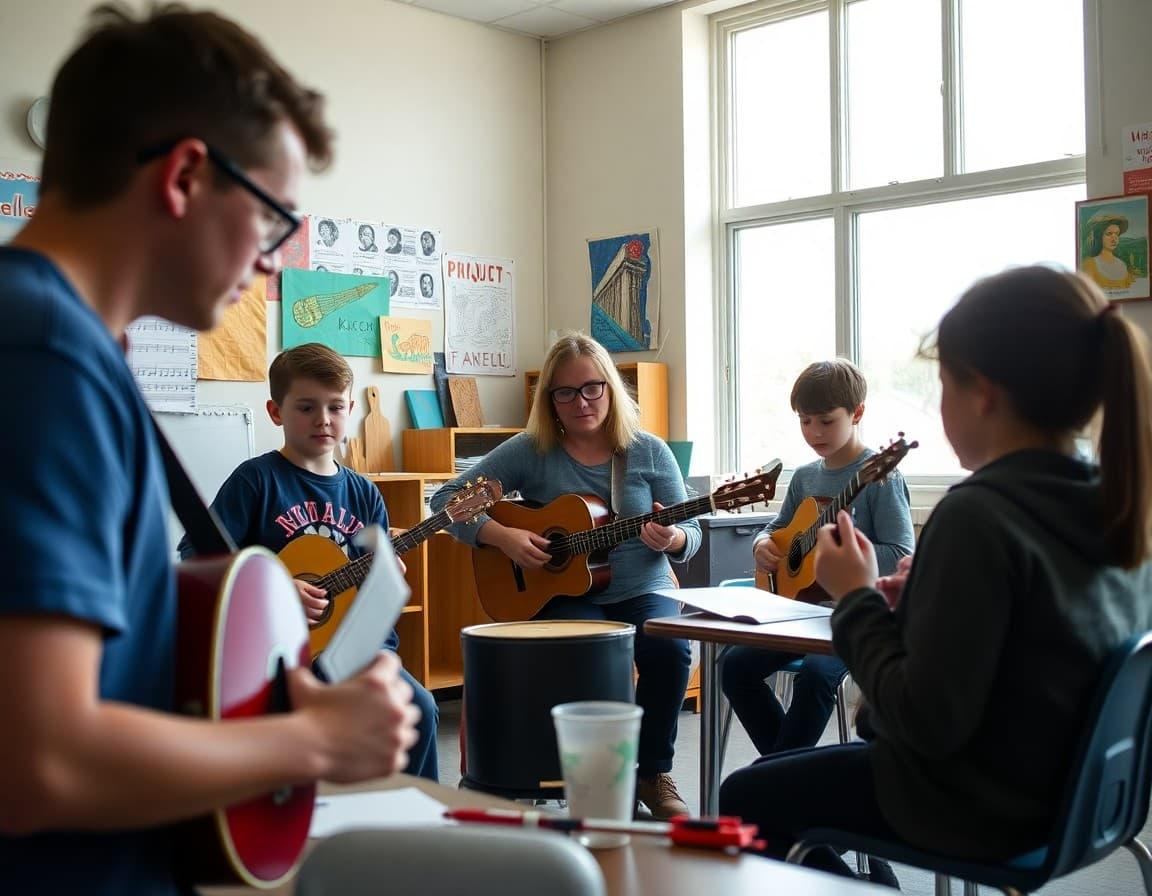 Art teacher and students working on music capital arts project in Tennessee school classroom