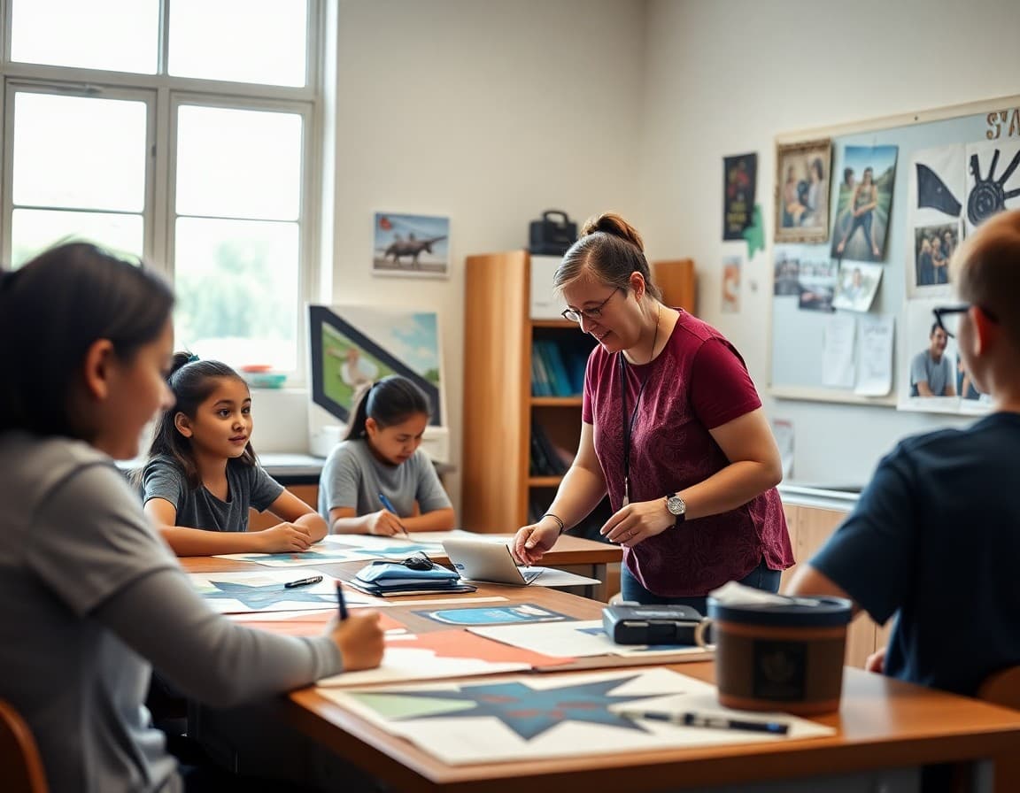 Art teacher and students working on Lone Star diverse arts project in Texas school classroom