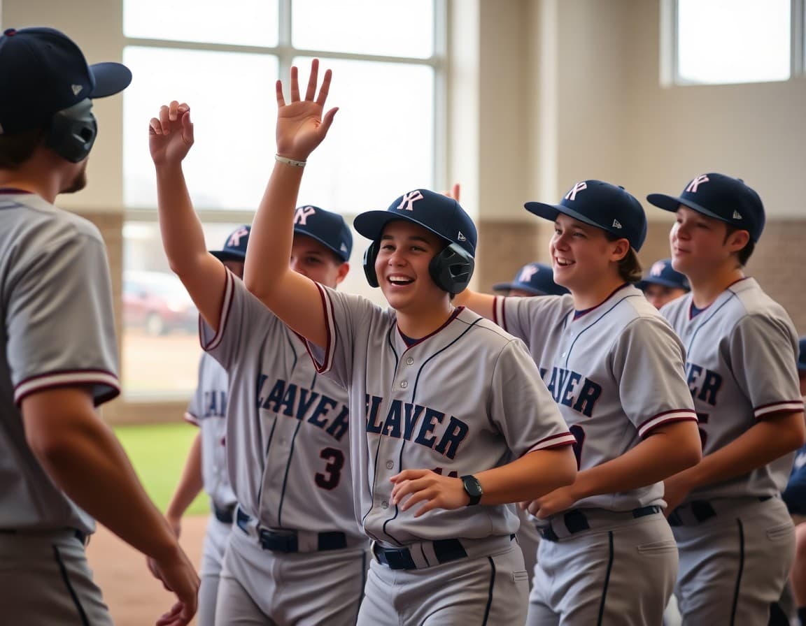 Baseball players celebrating an early spring season win after a home game