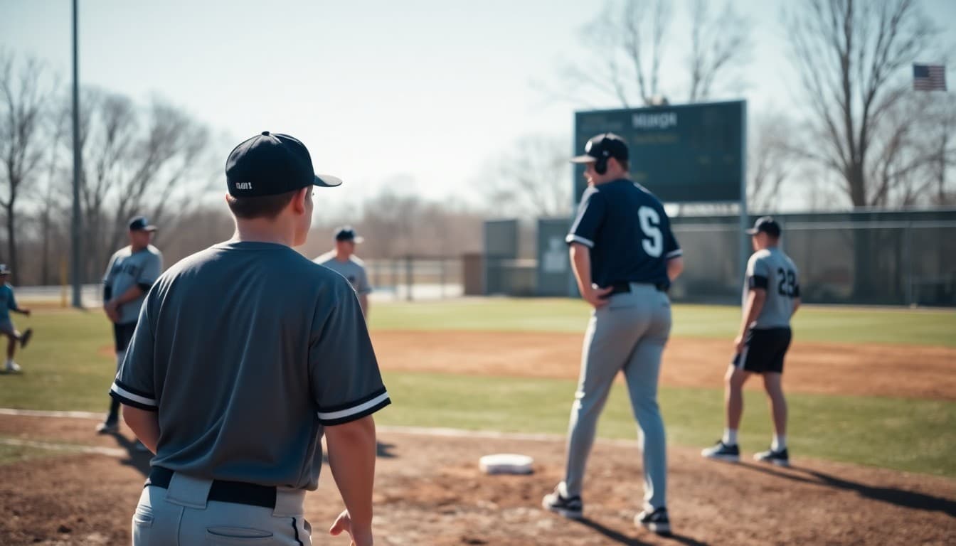 High school baseball team taking infield practice on a sunny March afternoon