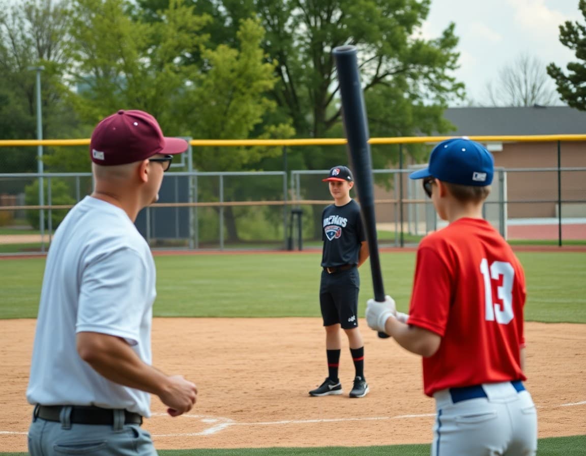 Baseball coach pitching batting practice to players on a school diamond