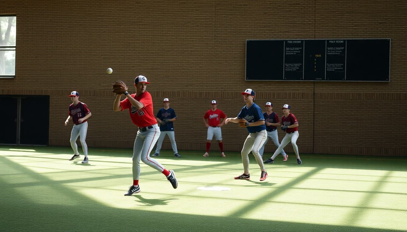 Baseball players practicing fielding drills at fall conditioning in September