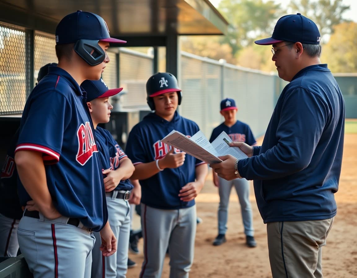 High school baseball coach reviewing season newsletter with team at dugout before game