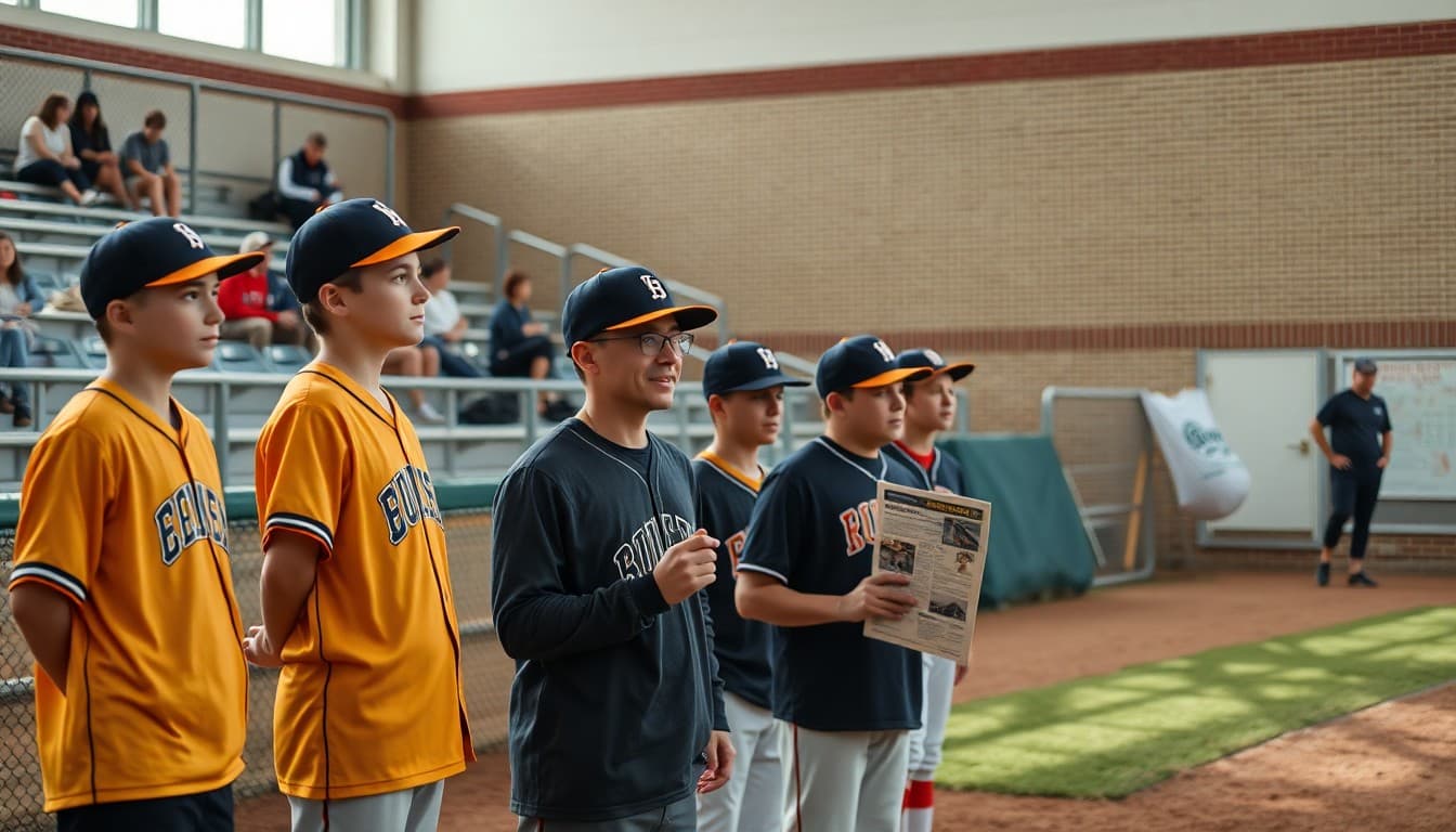 Baseball team at practice with parents watching from bleachers and coach holding newsletter