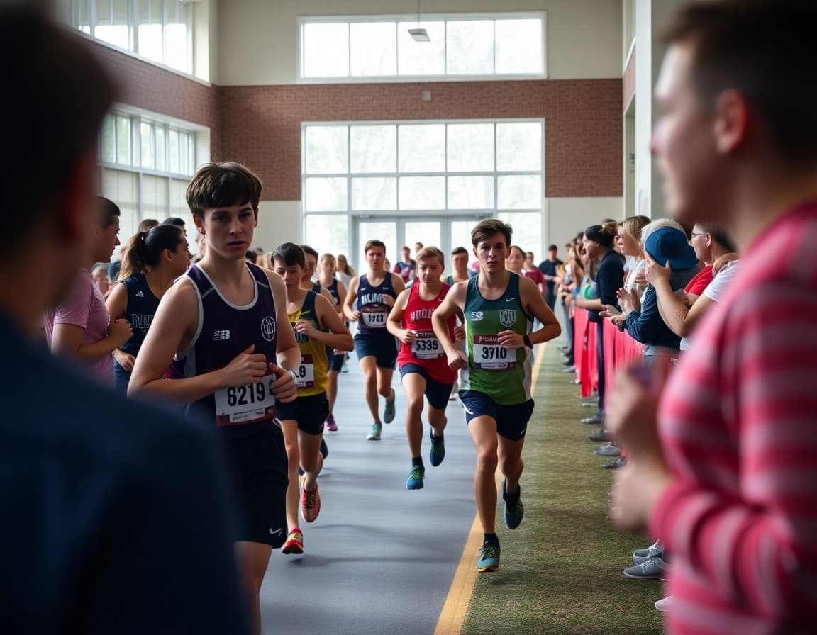 High school cross country team at meet start line with parents cheering from course sideline