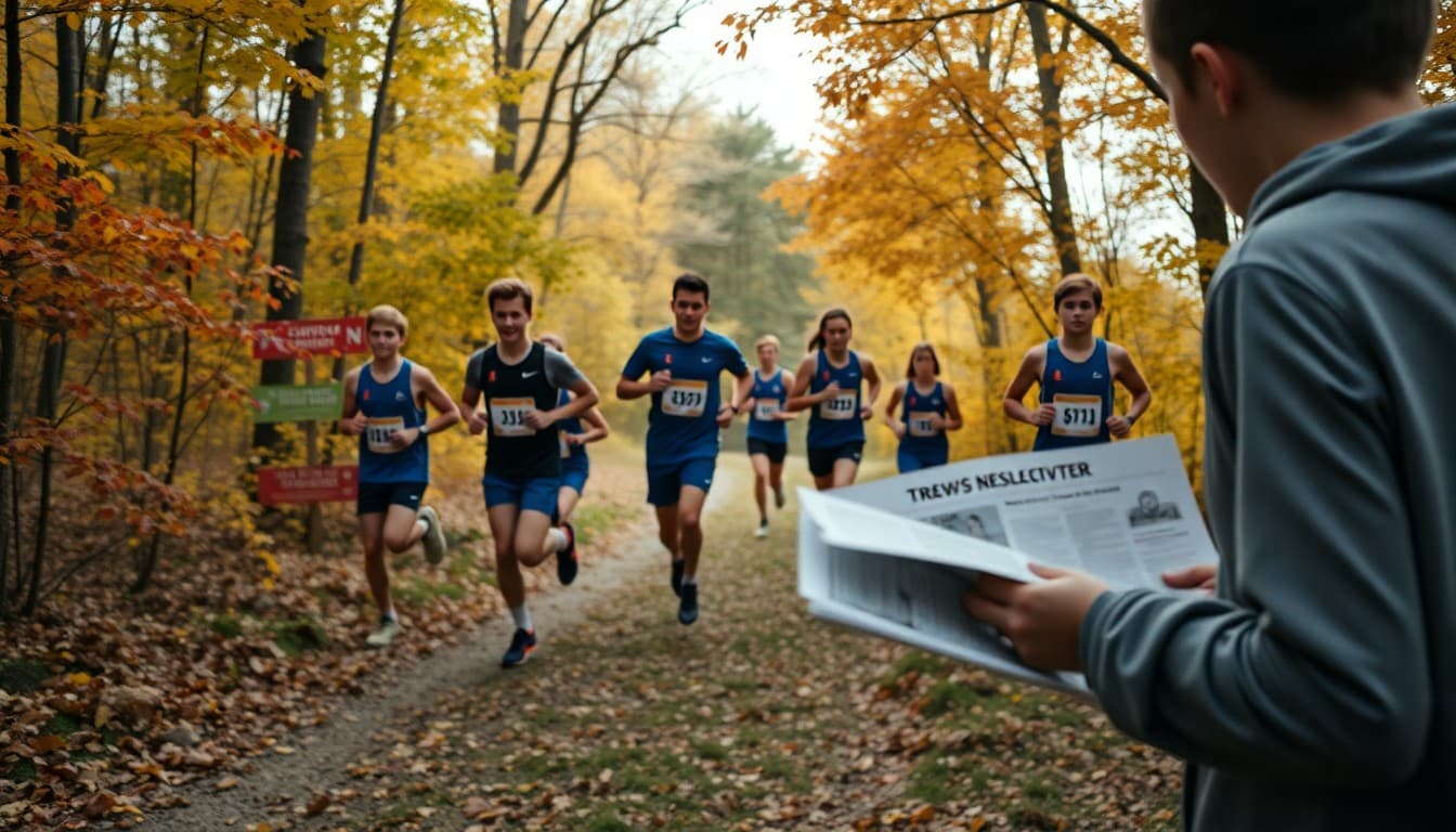 Cross country runners training on trail path in fall foliage with team newsletter distributed