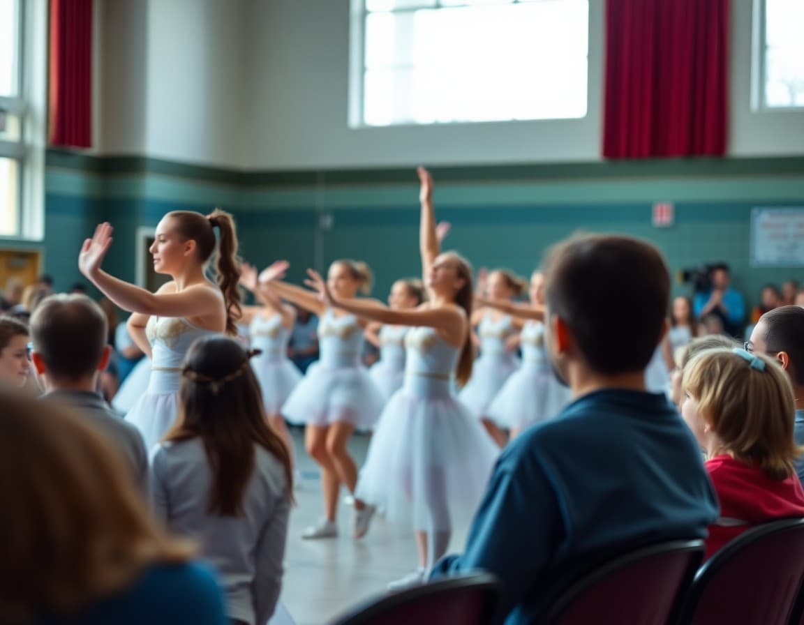 High school dance team performing at competition with families watching from audience