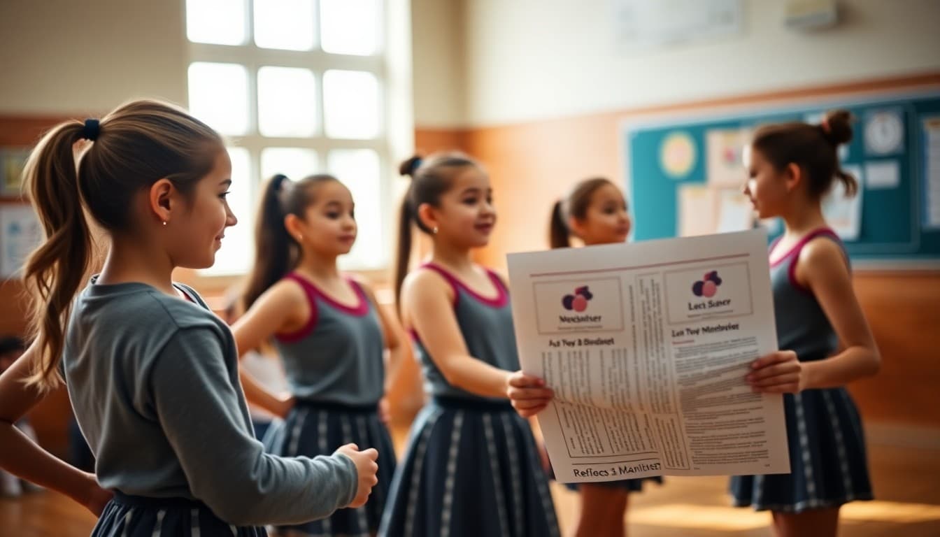 School dance team at competition rehearsal with newsletter distributed to families