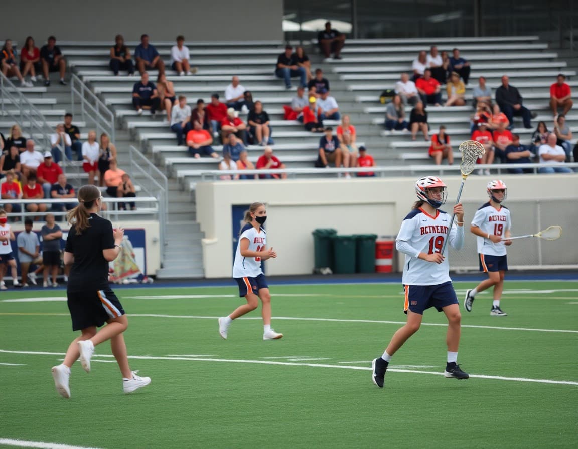 High school lacrosse players at game with families cheering from sideline bleachers