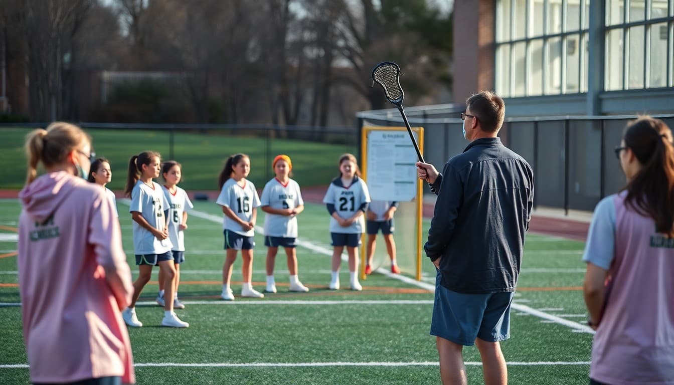 Lacrosse team at practice with coach posting newsletter for parents watching from sideline