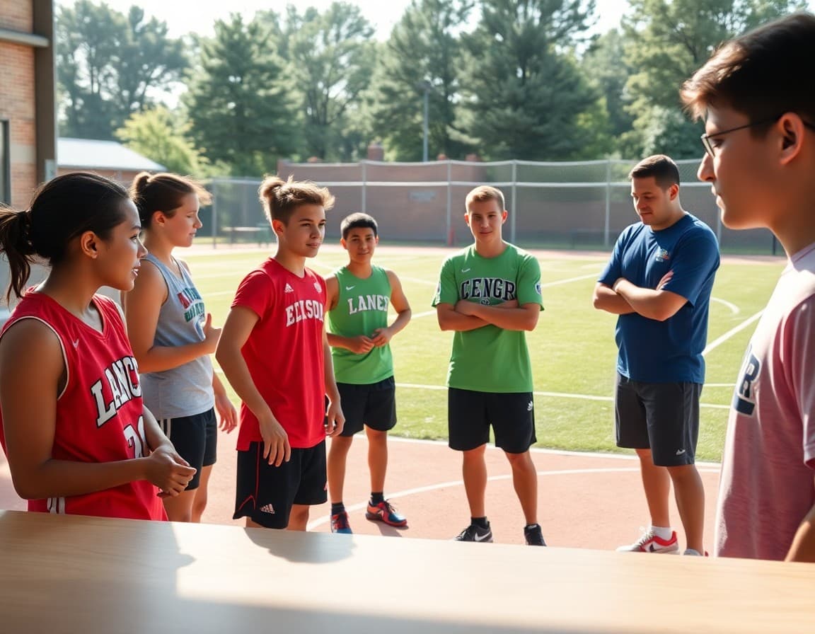 High school athletes at multi-sport summer training camp with coaches at outdoor facility