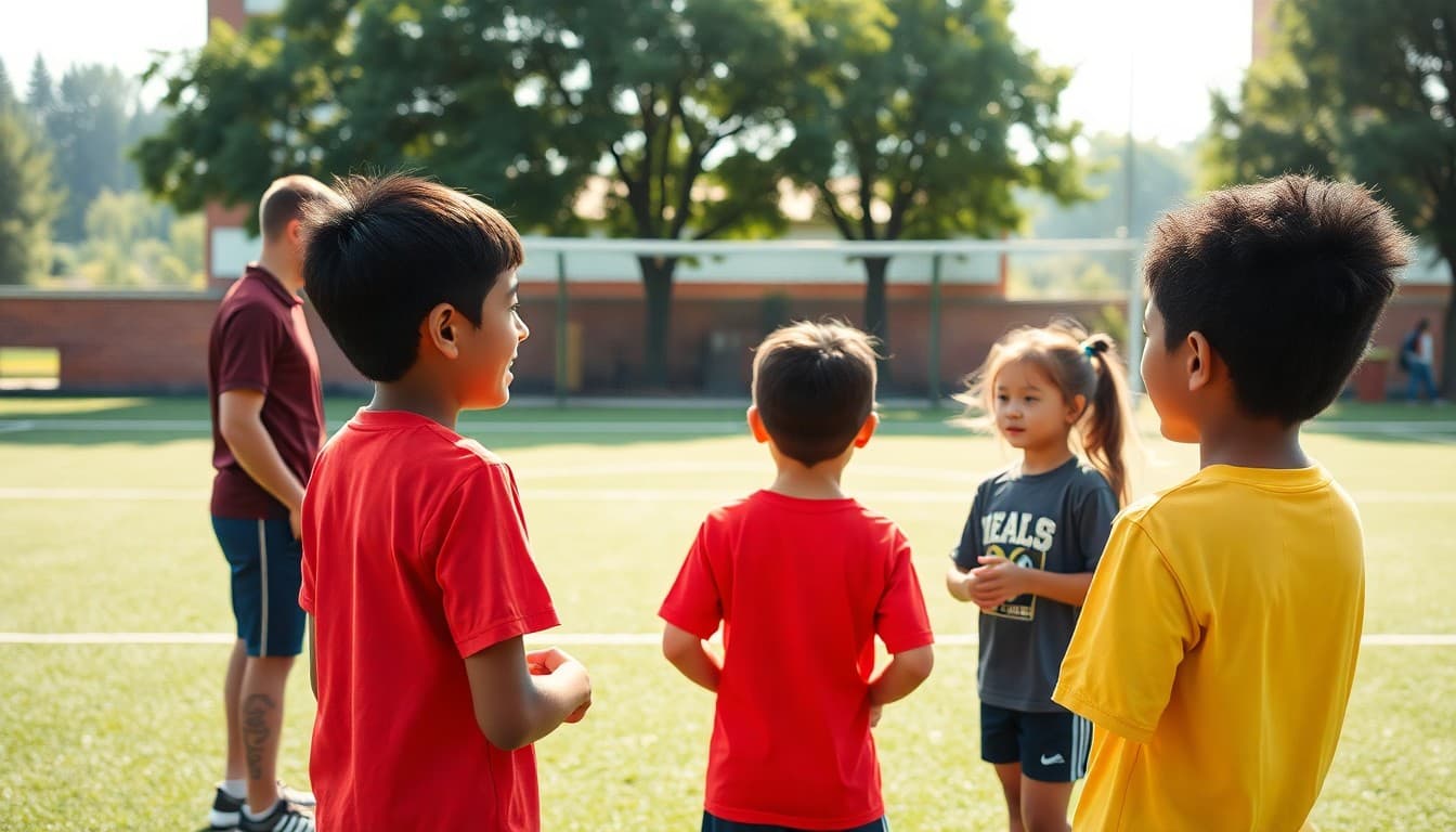 Students at school sports camp with coaches during summer training session on field