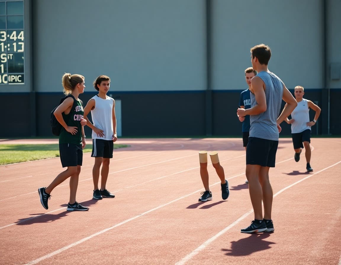 Track coach reviewing sprint mechanics with athletes at summer practice