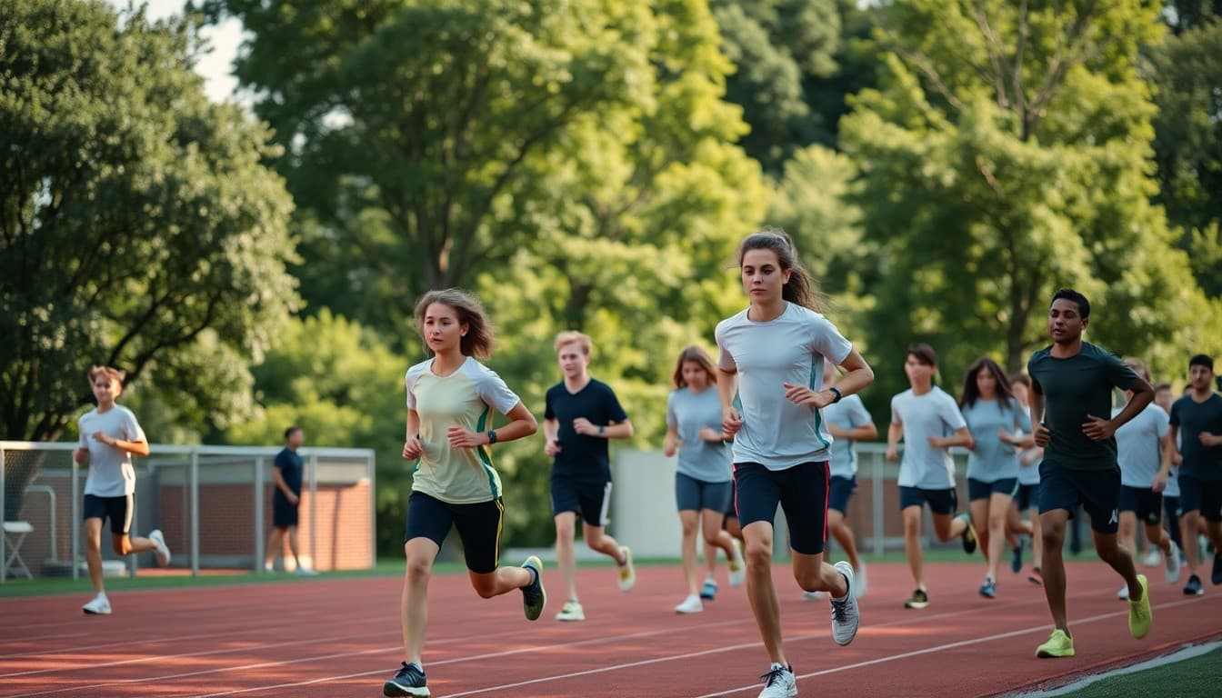 Track and field athletes in August preseason conditioning on school track