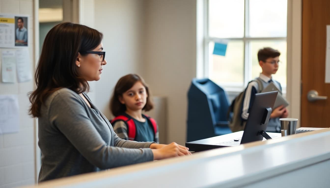 School secretary processing a late arrival student at the front office