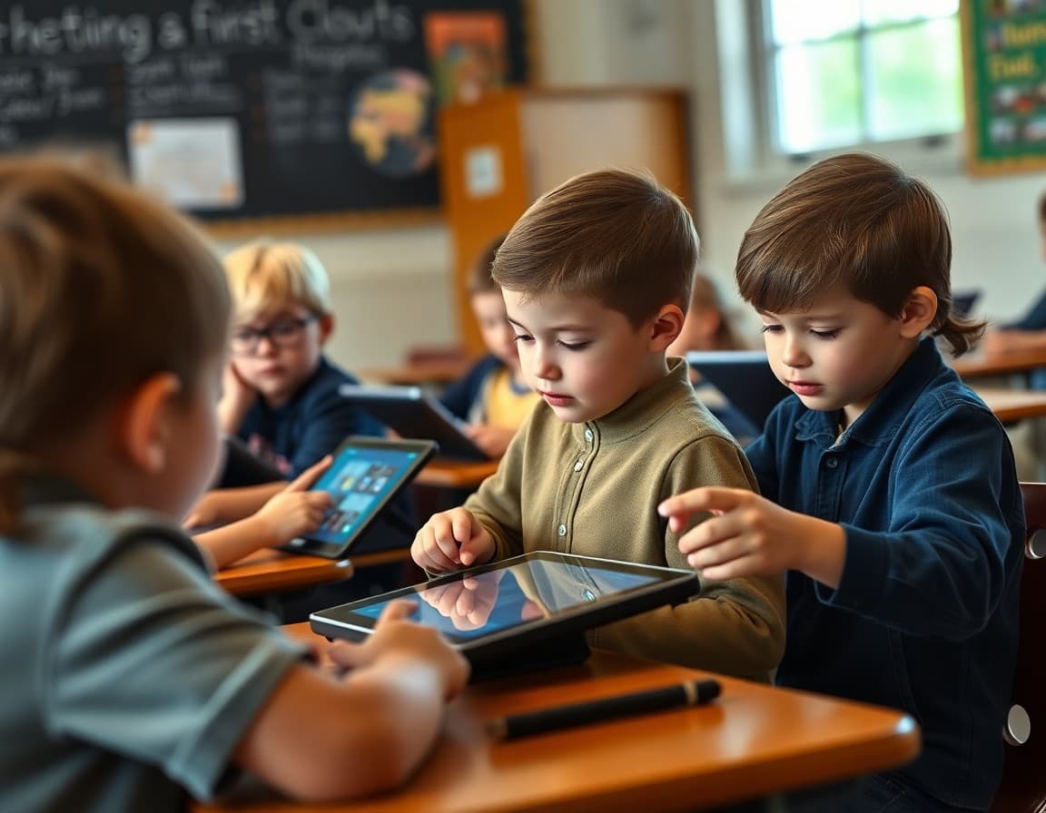 Elementary students using school tablets at their desks during the first week of school