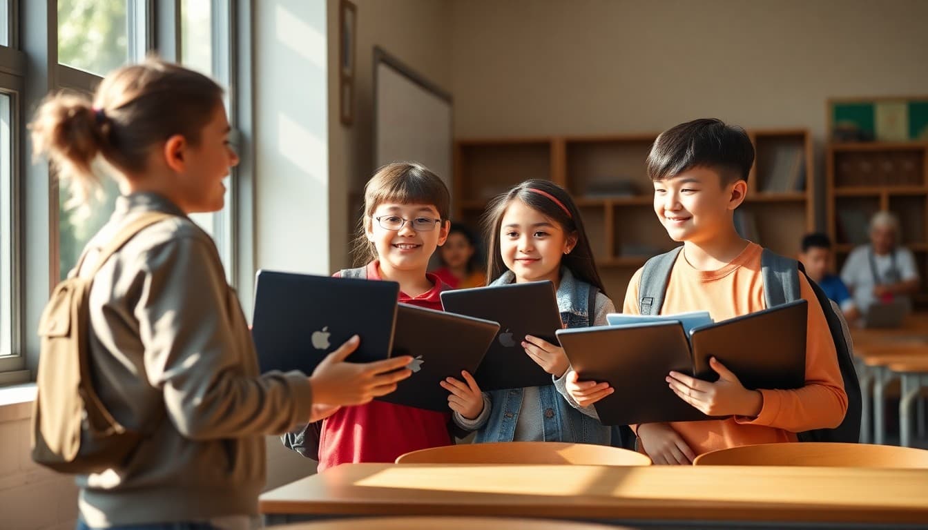 Students receiving school issued Chromebooks on the first day of school from a teacher