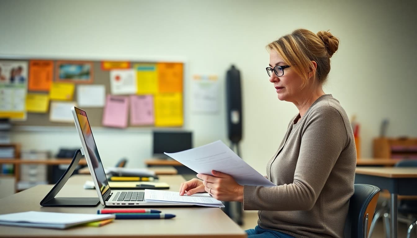 Delaware teacher preparing back to school newsletter at classroom desk before first day