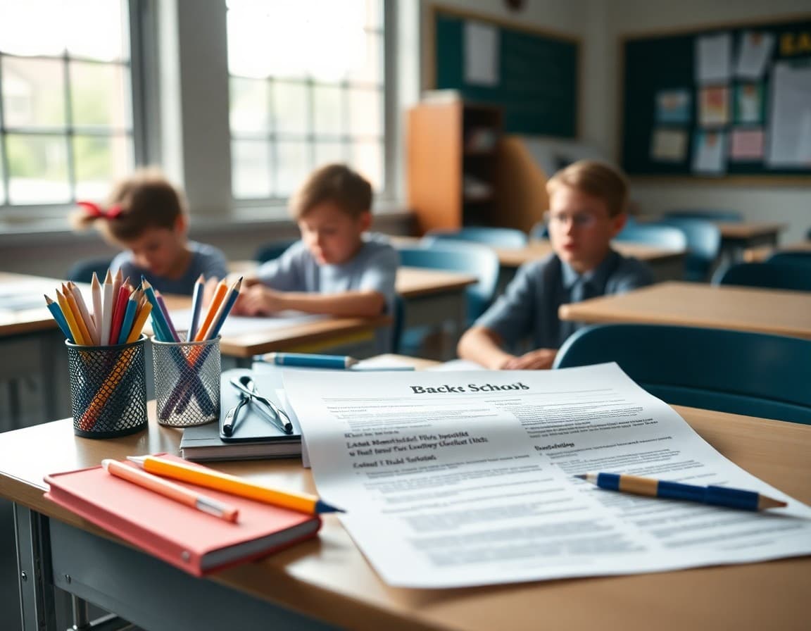 Back to school supplies and newsletter printed on desk ready for first week of school