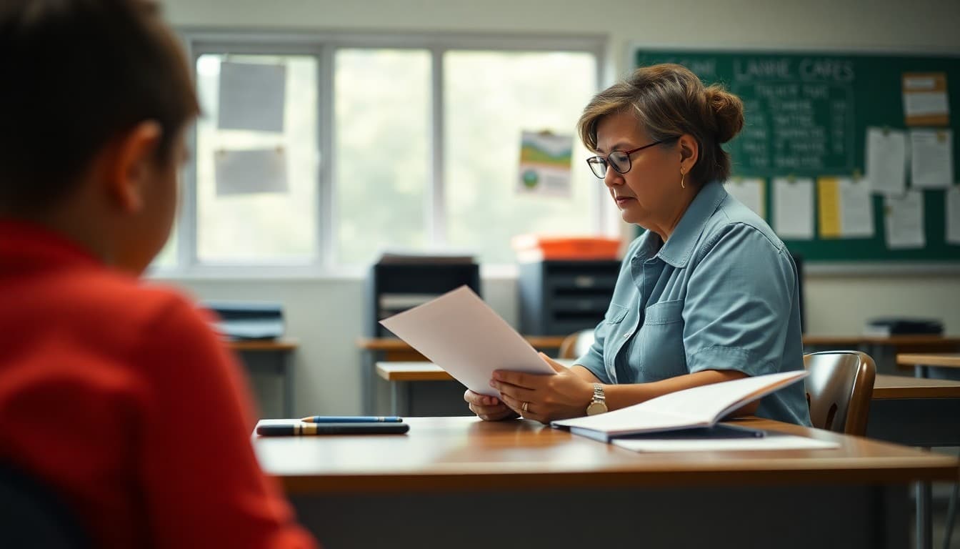 Hawaii teacher preparing back to school newsletter at classroom desk before first day