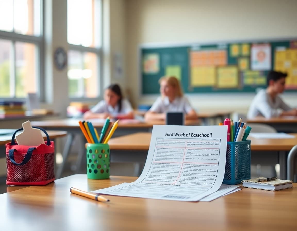 Back to school supplies and newsletter printed on desk ready for first week of school