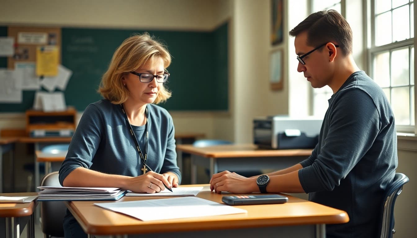 Mississippi teacher preparing back to school newsletter at classroom desk before first day