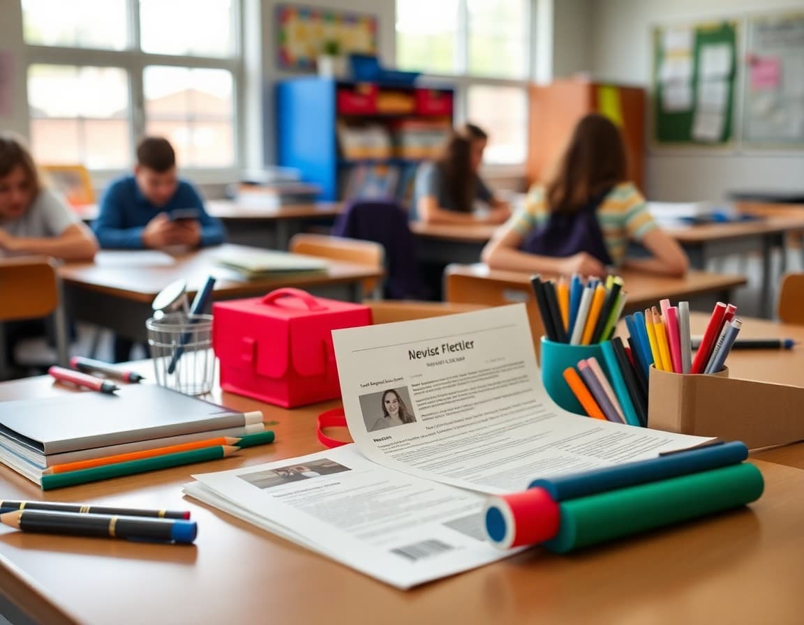 Back to school supplies and newsletter printed on desk ready for first week of school