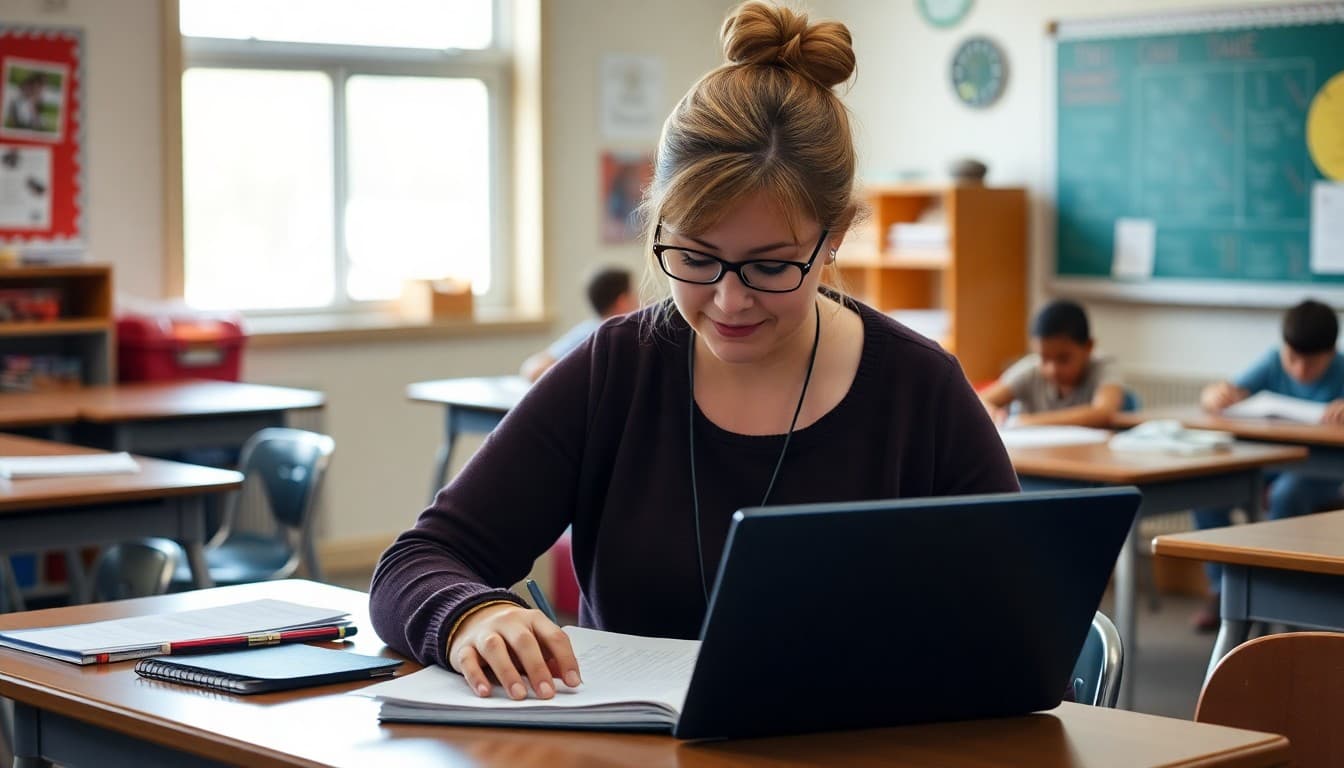 Montana teacher preparing back to school newsletter at classroom desk before first day