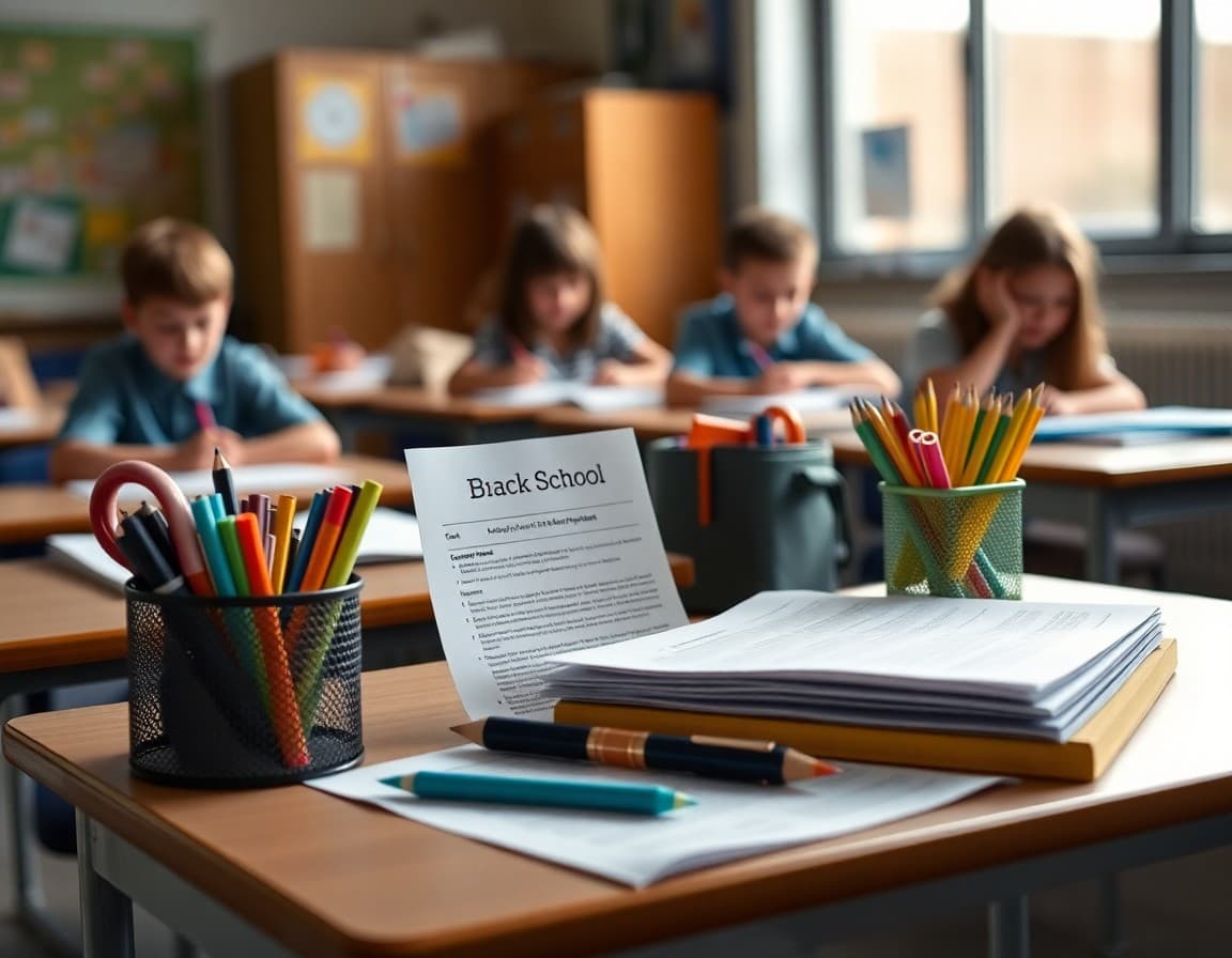 Back to school supplies and newsletter printed on desk ready for first week of school