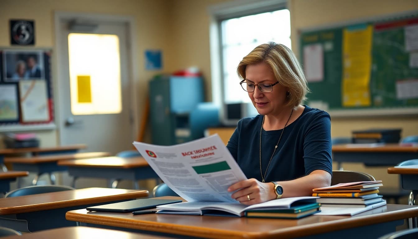 Pennsylvania teacher preparing back to school newsletter at classroom desk before first day