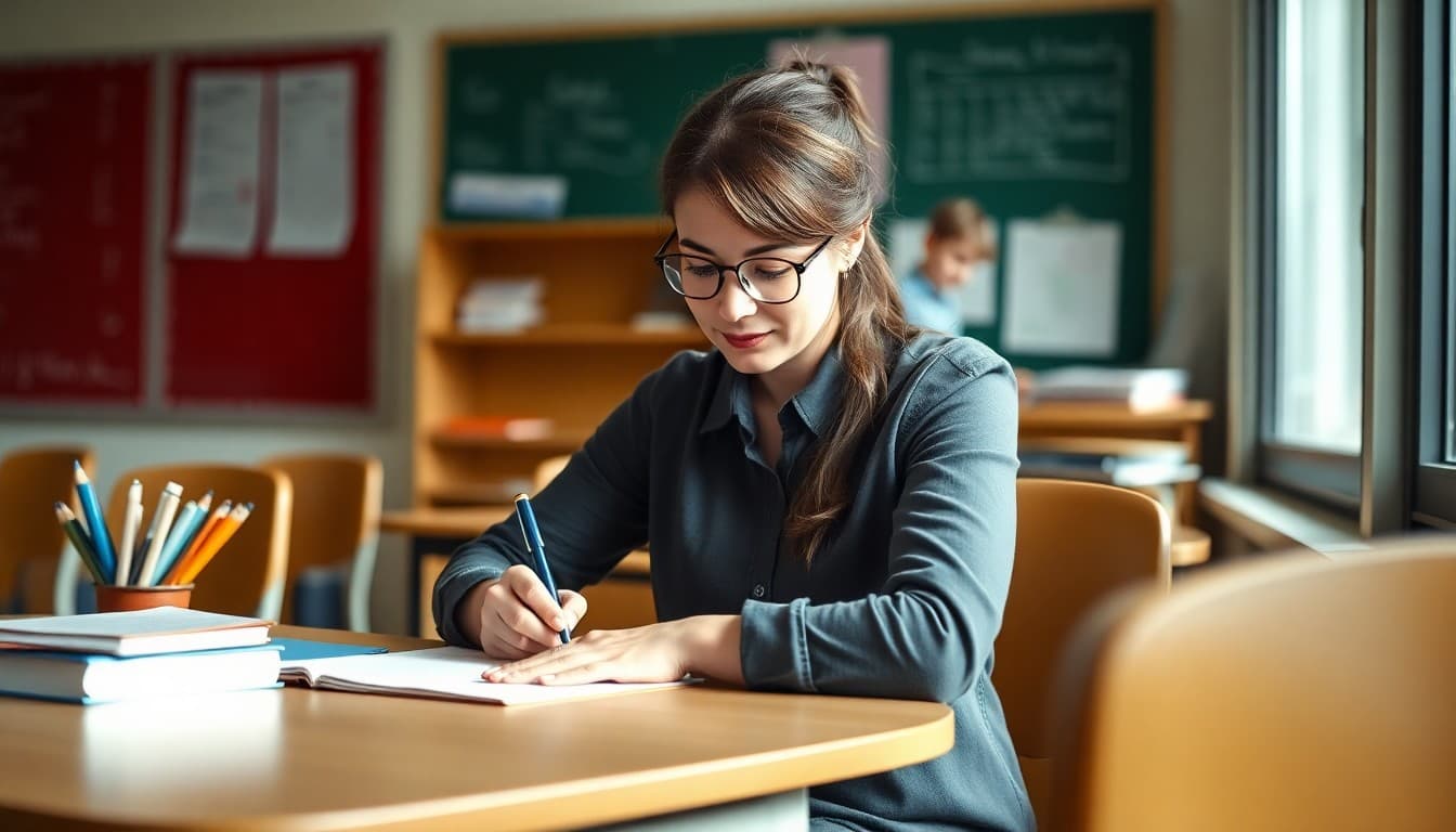 Teacher sitting at desk writing a warm welcome back letter to school families