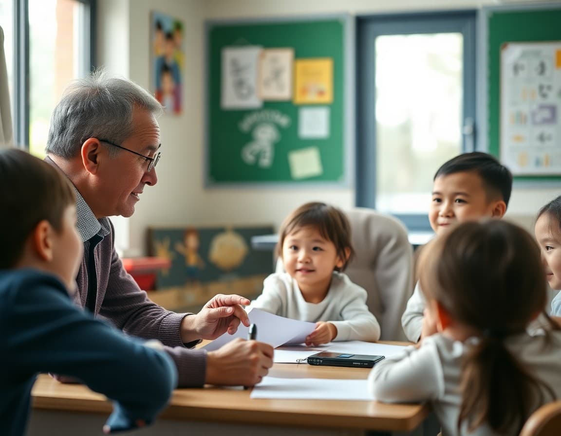Immersion teacher reviewing student language progress with a family