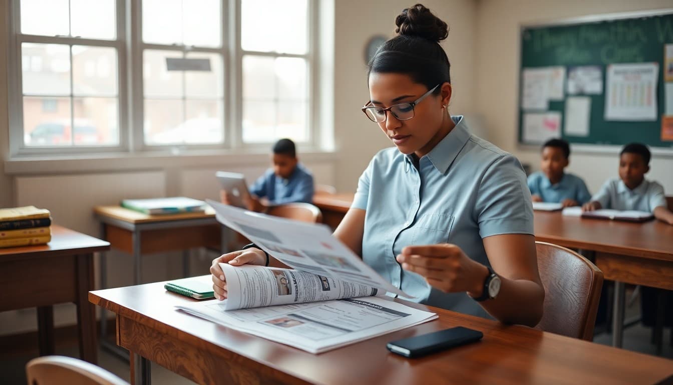 Alabama charter school administrator reviewing a family newsletter at a wooden desk