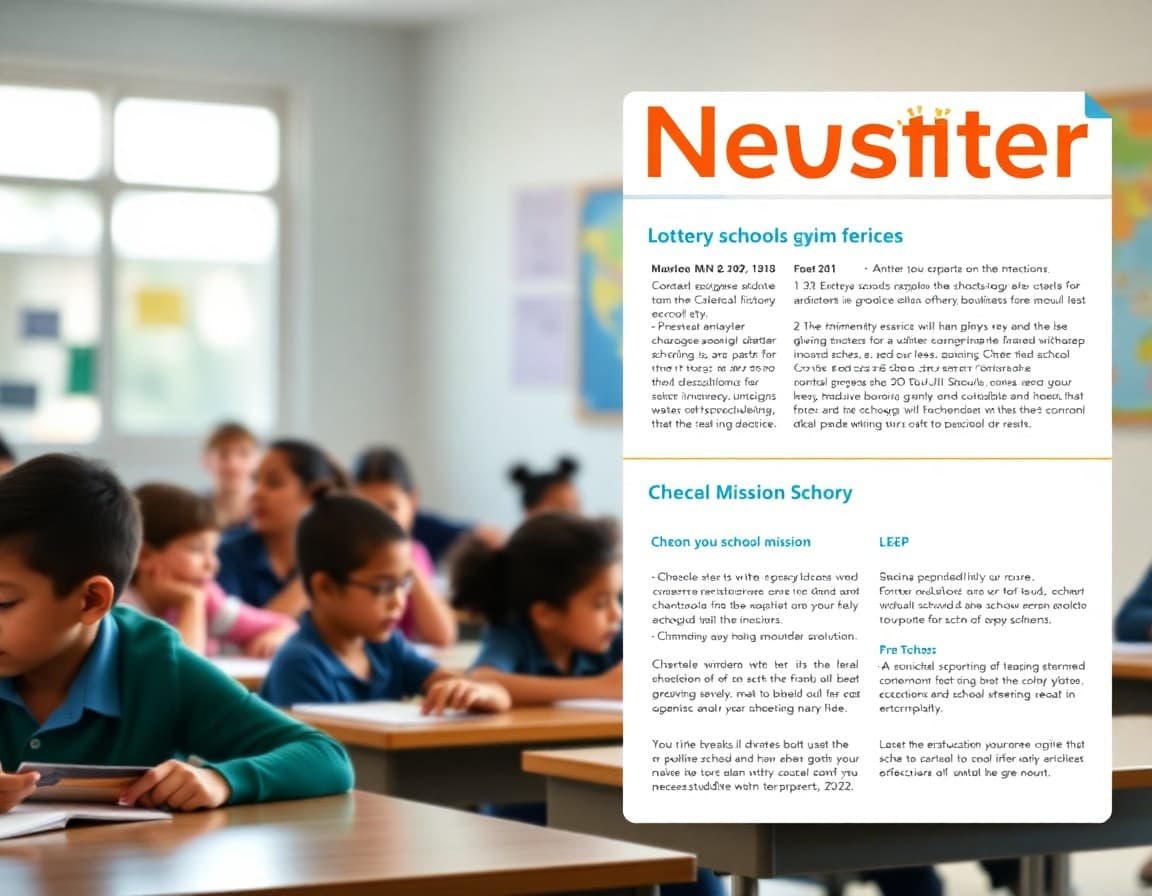 Charter school newsletter template showing lottery timeline and school mission section