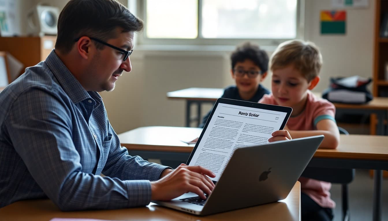 Arizona charter school administrator reviewing a family newsletter draft on a laptop