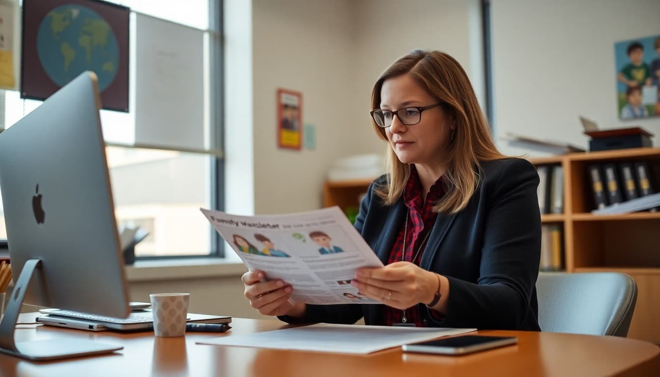 Colorado charter school administrator reviewing a family newsletter at a bright office desk