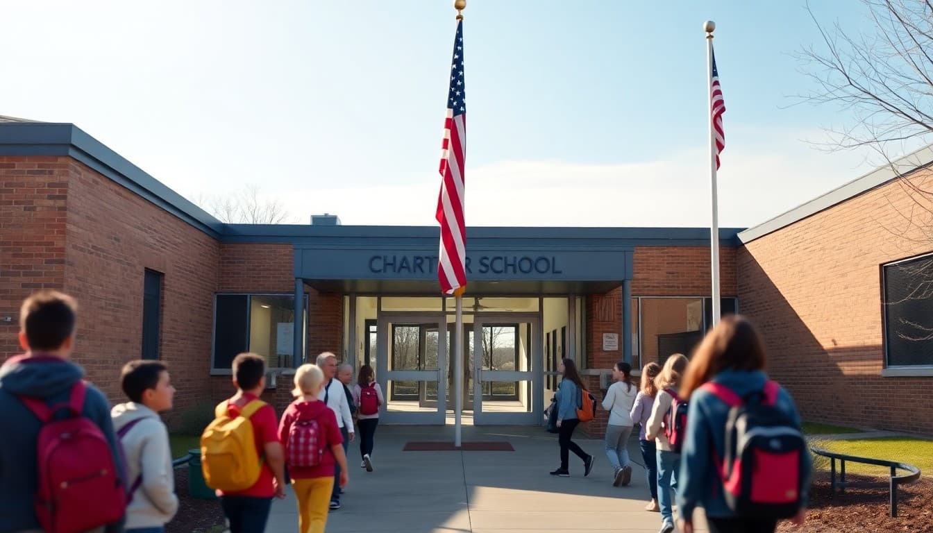 Delaware charter school entrance with American flag and students arriving on a clear morning